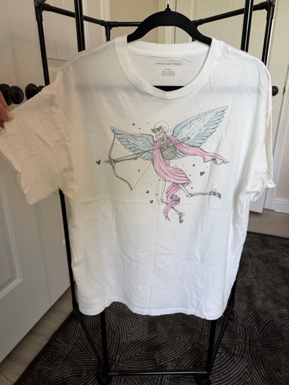 American Eagle Outfitters Women’s White Graphic Cupid Skeleton Tee - Pink & Blue